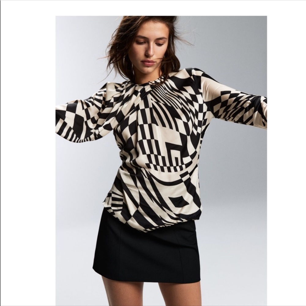 Zara Satin Effect Pleated Print Blouse size Small